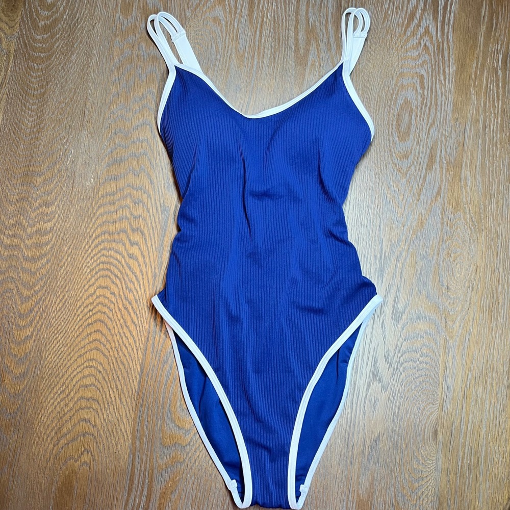 BMJL Womens Ribbed One Piece Swimsuit Blue White Lace Up Back Size M NWT